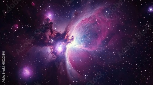 Stunning cosmic view of the M42 Orion Nebula showcasing vibrant colors and intricate formations in a vast star-filled galaxy.