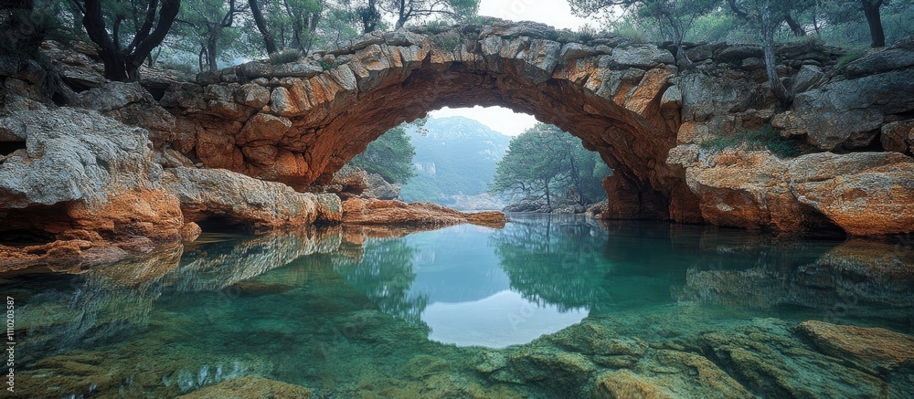 Fototapeta premium Natural Bridge Reflection in Serene Waters of Village Peninsula Surrounded by Lush Greenery and Scenic Landscape