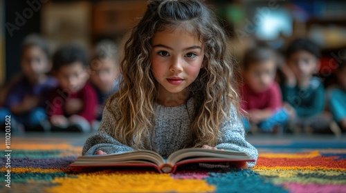 A young girl reads a book with peers engaged in the background, promoting literacy and learning.