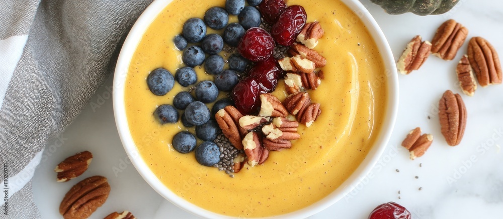 Pumpkin smoothie bowl with chia seeds pecans cranberries and blueberries on a marble surface garnished with nuts and fruits