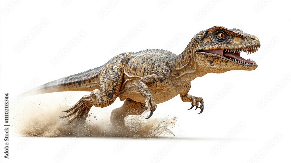 A young velociraptor running, dust flying behind it, isolated on white. A young velociraptor running, dust flying behind it, isolated on white.