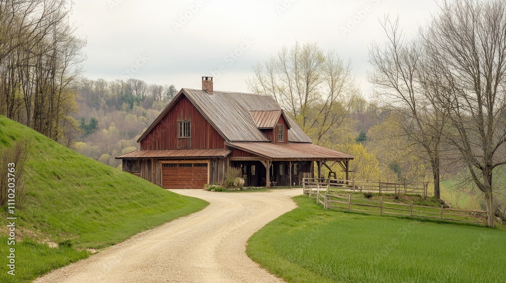 Rustic L-shaped farmhouse with wooden beams and a barn-style roof, surrounded by rolling hills and a dirt driveway. Rustic L-shaped farmhouse with wooden beams and a barn-style roof, surrounded by rolling hills and a dirt driveway.