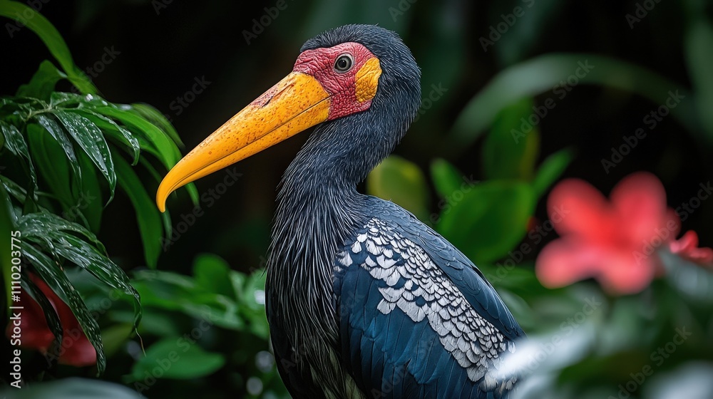 Fototapeta premium Colorful saddle-billed stork surrounded by lush foliage and bright blossoms in rainforest