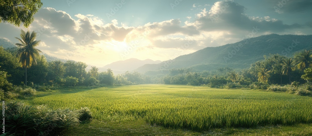 Serene landscape of lush green rice fields under a vibrant sky with mountains and trees in the background during golden hour sunlight. Serene landscape of lush green rice fields under a vibrant sky with mountains and trees in the background during golden hour sunlight.