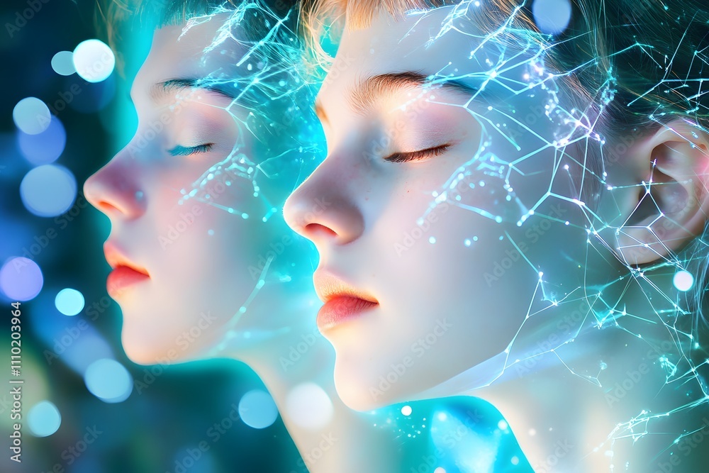 A double exposure of three women with their eyes closed, surrounded by glowing light particles and ethereal shapes A double exposure of three women with their eyes closed, surrounded by glowing light particles and ethereal shapes