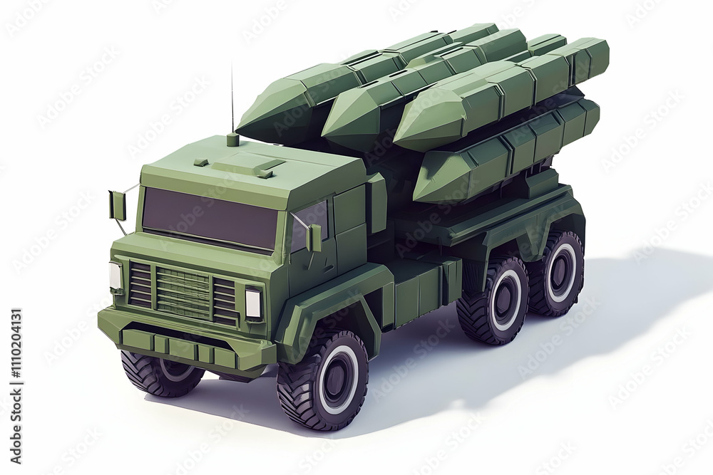 Obraz premium A green military truck equipped with missile launchers for defense or combat purposes.