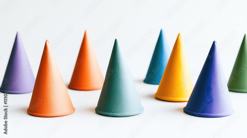 Colorful party hats arranged in a row against a bright white background for festive celebrations and event decorations Colorful party hats arranged in a row against a bright white background for festive celebrations and event decorations