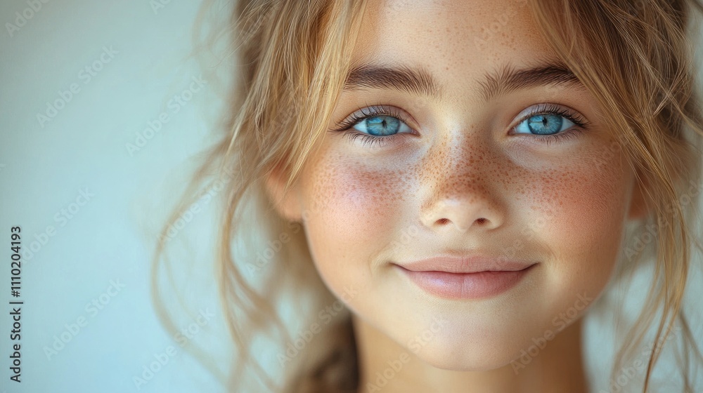 Beautiful smiling girl with blue eyes and freckles on a neutral background showcasing natural beauty and youthful charm. Beautiful smiling girl with blue eyes and freckles on a neutral background showcasing natural beauty and youthful charm.