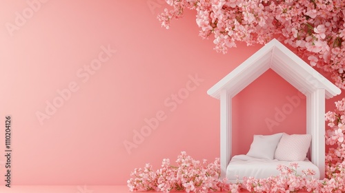 Stylish children's room interior featuring a house-shaped bed with pink decor and floral accents for a dreamy atmosphere photo