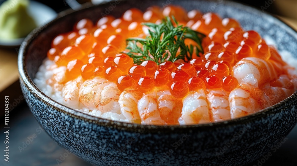 Traditional Japanese donburi bowl with salmon roe and shrimp served over rice garnished with fresh herbs showcasing vibrant colors and textures. Traditional Japanese donburi bowl with salmon roe and shrimp served over rice garnished with fresh herbs showcasing vibrant colors and textures.