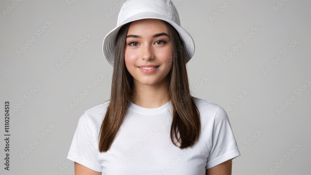 Teenage girl wearing white t-shirt and white bucket hat isolated on grey background Teenage girl wearing white t-shirt and white bucket hat isolated on grey background