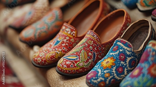 Handcrafted Rajasthani juttis adorned with vibrant patterns showcasing traditional leather craftsmanship for festivals and special occasions photo