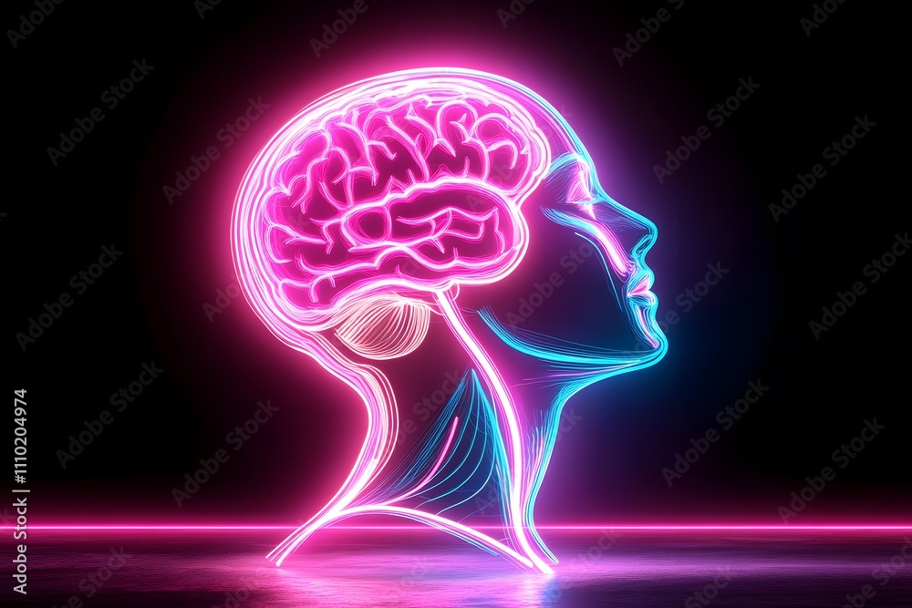 A glowing neon pink and blue digital human head with brain is seen in profile on dark background A glowing neon pink and blue digital human head with brain is seen in profile on dark background