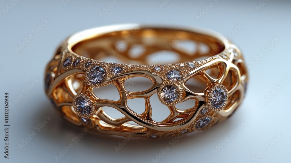 Elegant gold ring with intricate lattice design and sparkling diamonds, showcasing luxury and craftsmanship in jewelry design. Elegant gold ring with intricate lattice design and sparkling diamonds, showcasing luxury and craftsmanship in jewelry design.