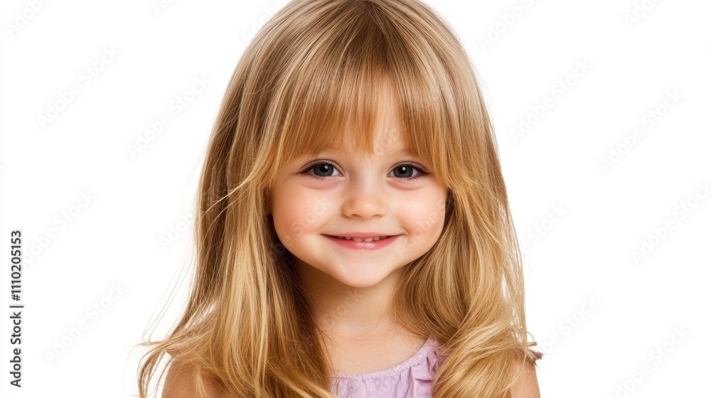 Smiling little girl with long blonde hair joyfully posing against a clean white background capturing innocence and happiness. Smiling little girl with long blonde hair joyfully posing against a clean white background capturing innocence and happiness.