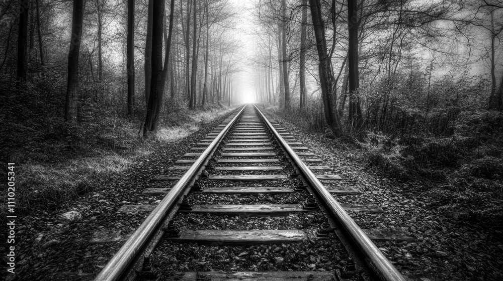 Fototapeta premium Mysterious black and white old railroad track stretching through a foggy forest landscape evoking nostalgia and exploration themes