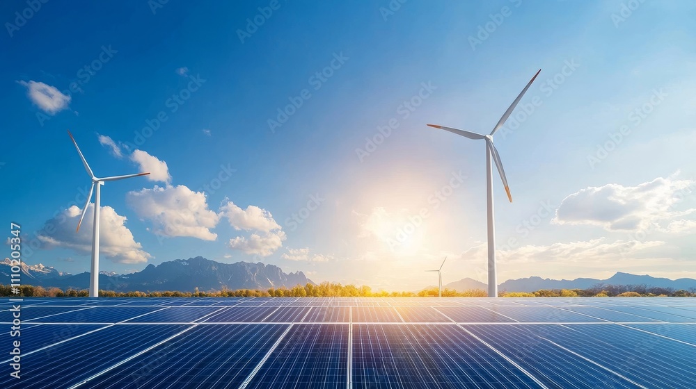 A wind farm with two wind turbines in the background A wind farm with two wind turbines in the background