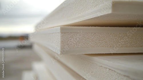 Thermal insulation sandwich panels stacked at a construction site for energy-efficient wall insulation in building projects photo