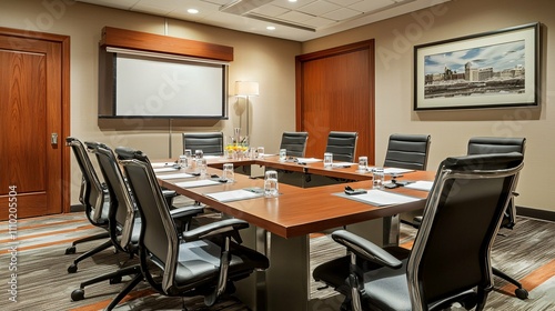 A modern meeting room features a sleek conference table, ergonomic chairs, and cutting-edge technology, designed to enhance productive discussions and collaboration.