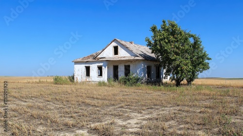 Abandoned rural house surrounded by farmland under a clear blue sky evoking nostalgia and tranquility in the countryside setting