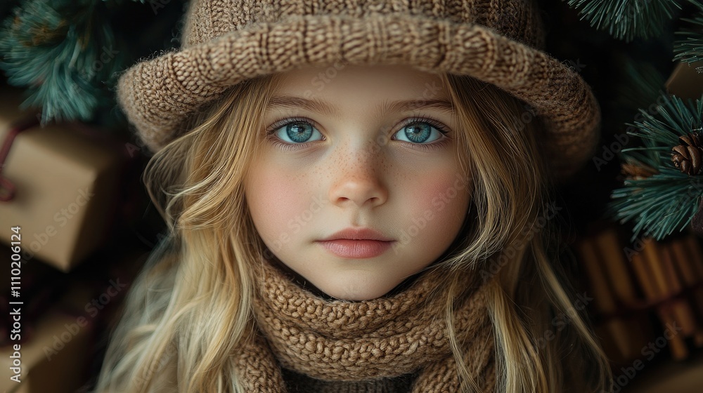 Stylish young girl in winter attire surrounded by festive presents and greenery, capturing a warm holiday spirit. Stylish young girl in winter attire surrounded by festive presents and greenery, capturing a warm holiday spirit.