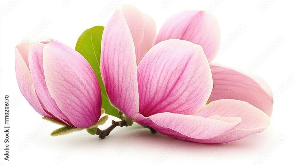 Delicate pink magnolia blossoms on a spring branch isolated on a white background showcasing their vibrant color and texture Delicate pink magnolia blossoms on a spring branch isolated on a white background showcasing their vibrant color and texture