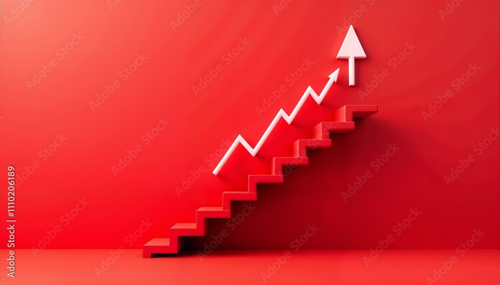 3D illustration of ascending staircase with growth arrow on red background 3D illustration of ascending staircase with growth arrow on red background