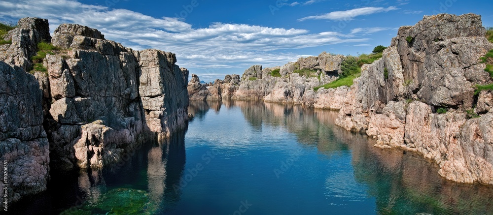 Stunning pink granite coastline of Ploumanach with unique rock formations and serene waters under a clear blue sky Stunning pink granite coastline of Ploumanach with unique rock formations and serene waters under a clear blue sky