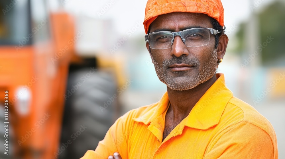 Portrait of a confident Indian engineer in safety gear standing in front of machinery at a construction site