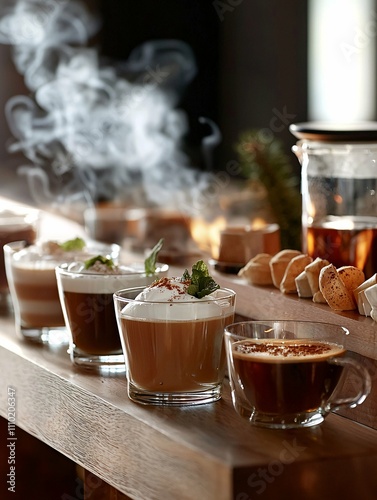 A stylish hot drink station features an assortment of steamy coffee, tea, and cocoa, beautifully garnished for visual delight.