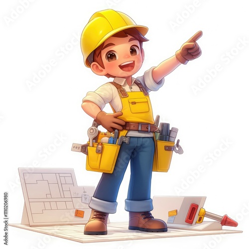 Cheerful cartoon construction worker pointing.