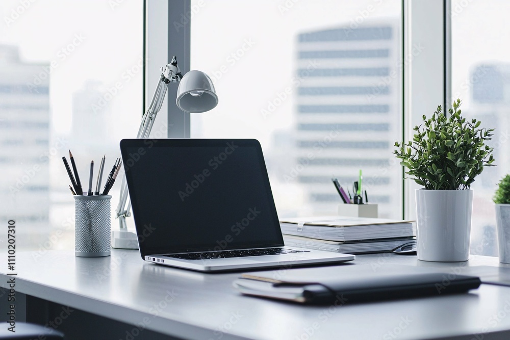 Fototapeta premium A contemporary office exuding inspiration, showcasing stylish furniture, motivational art, and an organized desk with a laptop, stationery, and indoor plants to boost productivity.