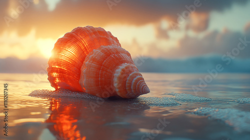 Close-up of a seashell lying on wet sand photo