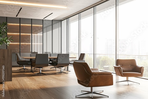 A contemporary office interior features stylish furnishings, ergonomic seating, and spacious layouts enhanced by natural light from expansive windows, fostering productivity and teamwork.