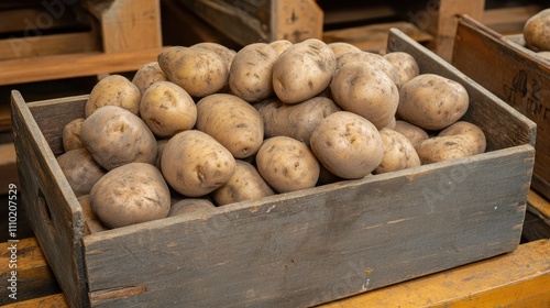 Harvested Potatoes Stored in Wooden Crate Ready for Sale at Local Market photo