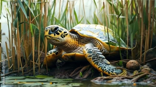 Animation of Turtles in Reed Grass. Turtles moving gently beneath the tall reed grass, blending into the calm wildlife environment. Tranquil motion. photo