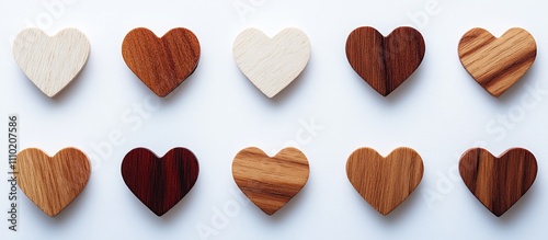 Red and wooden heart shapes arranged on a white background for Valentine's Day or romantic concepts and decorations