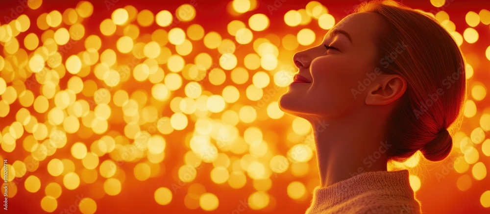 Cheerful girl in cozy attire smiling against a vibrant bokeh background radiating warmth and festive spirit during holiday season. Cheerful girl in cozy attire smiling against a vibrant bokeh background radiating warmth and festive spirit during holiday season.