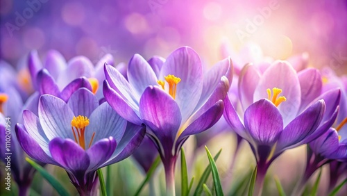 A close-up view of purple crocuses blooming in the early morning sun, their delicate petals catching the light and casting a warm glow on the surrounding foliage.