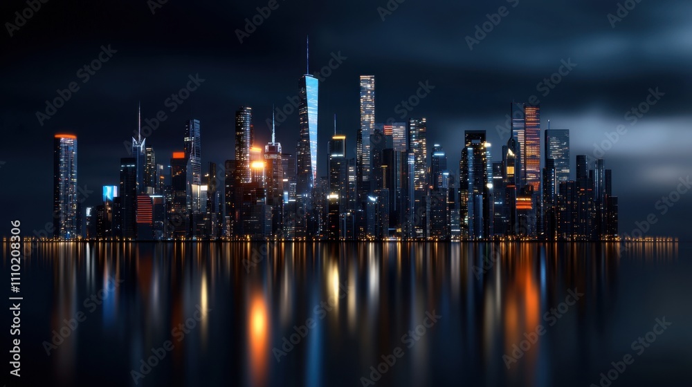 Fototapeta premium A city skyline is reflected in the water