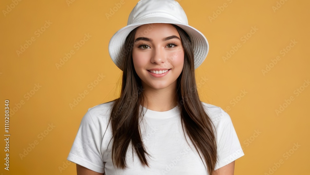 Teenage girl wearing white t-shirt and white bucket hat isolated on yellow background Teenage girl wearing white t-shirt and white bucket hat isolated on yellow background
