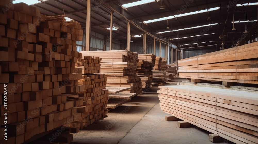 Indoor lumber storage and processing facility showcasing neatly stacked sawn wood in a well-organized warehouse environment Indoor lumber storage and processing facility showcasing neatly stacked sawn wood in a well-organized warehouse environment