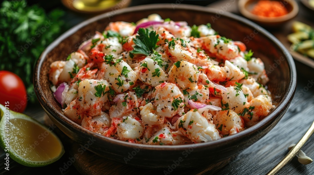 Okroshka with Crab Garnished with Fresh Herbs Served in a Rustic Bowl High Quality Culinary Image Okroshka with Crab Garnished with Fresh Herbs Served in a Rustic Bowl High Quality Culinary Image