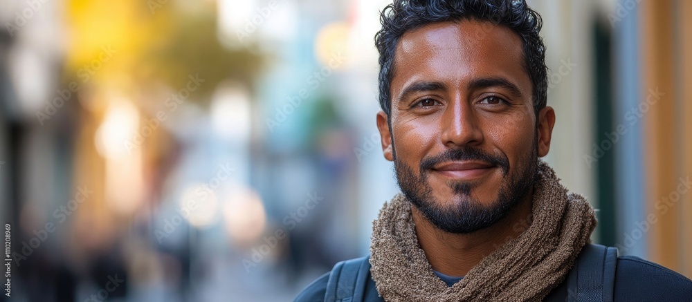 Confident young Hispanic man smiling outdoors with a blurred urban background capturing positivity and self-assurance in a vibrant setting Confident young Hispanic man smiling outdoors with a blurred urban background capturing positivity and self-assurance in a vibrant setting