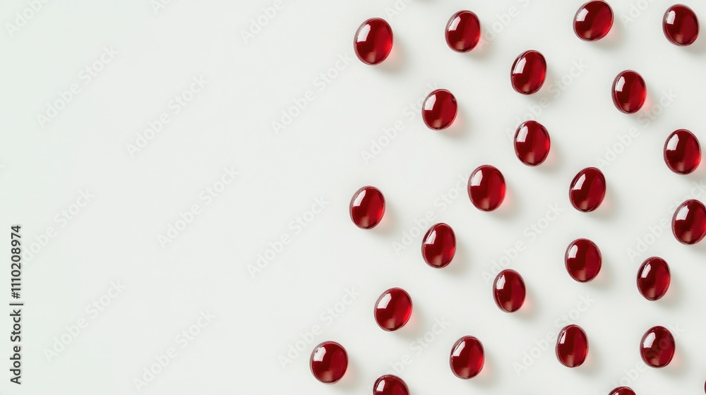 Red gelatin capsules arranged on a light background representing dietary supplements and health products in pharmacy and wellness concepts Red gelatin capsules arranged on a light background representing dietary supplements and health products in pharmacy and wellness concepts