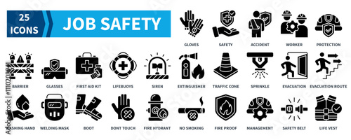 Job Safety icon collection set. Containing gloves, safety, worker, head protection, first aid kit, boot, fire hydrant, safety management icon. Simple black fill vector.
