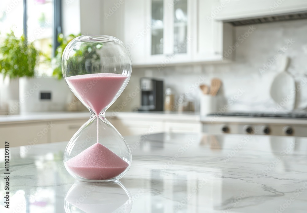 Elegant hourglass with pink sand sits on a marble kitchen countertop, capturing the essence of time in a bright and modern home environment Elegant hourglass with pink sand sits on a marble kitchen countertop, capturing the essence of time in a bright and modern home environment