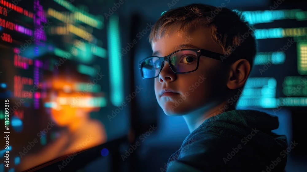 Young boy engaged in coding with Microbit in a technology classroom surrounded by colorful code on screens promoting STEM education Young boy engaged in coding with Microbit in a technology classroom surrounded by colorful code on screens promoting STEM education