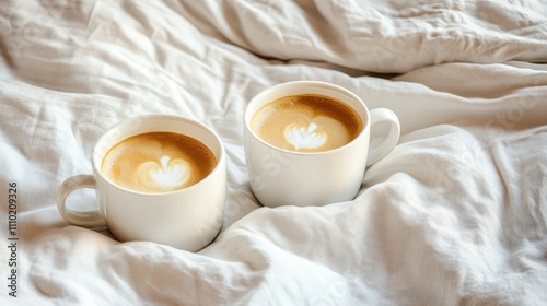 Morning coffee in two white cups on a cozy bed with white linens inviting relaxation and tranquility in a bright, airy setting