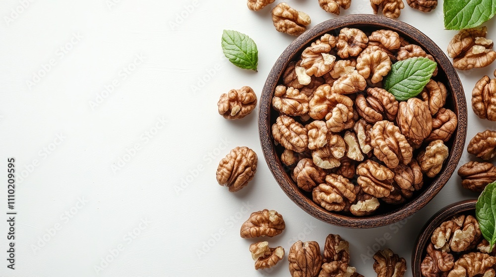 Roasted walnuts in wooden bowls surrounded by fresh mint leaves on a neutral background ready for healthy snack presentation Roasted walnuts in wooden bowls surrounded by fresh mint leaves on a neutral background ready for healthy snack presentation